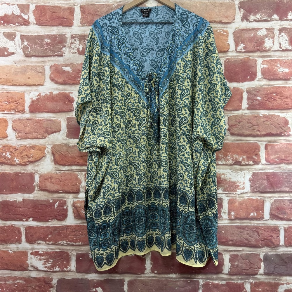 Evans Kimono Top Women's 26/28 Blue Boho Paisley Floral Rhinestone Casual Shirt